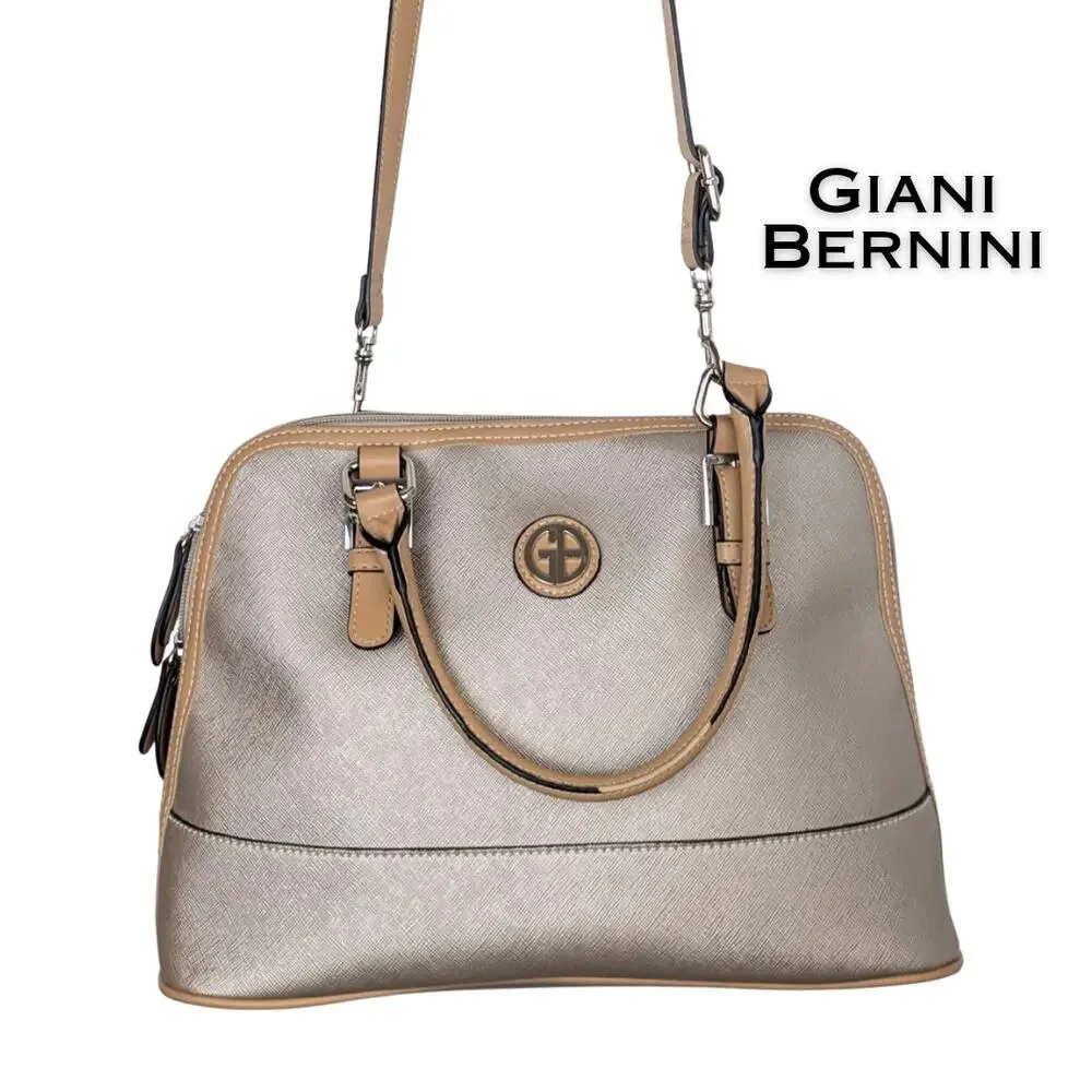 Giani Bernini Crossbody Satchel Bag Champagne Gold / Beige Tan Trim Convertible